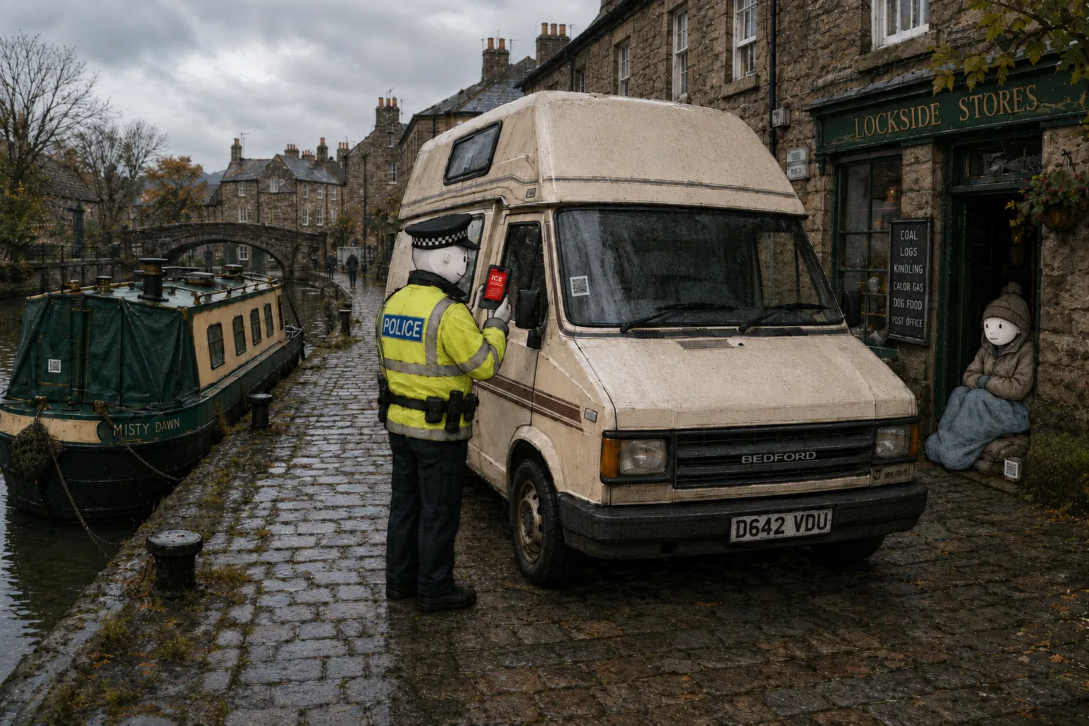 A police officer scanning an ICE Jar QR code on a campervan window beside a canal, with the narrowboat Misty Dawn moored nearby and a person wrapped in a blanket sitting outside a corner shop